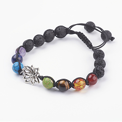 Coloré Chakra bijoux, bracelets réglables de pierre gemme et de tressage de résine, bracelet noeud carré en fil de nylon, avec les accessoires en alliage, lotus, colorées, 2-1/8 pouces (55 mm)