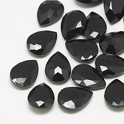 Jet Pointed Back Glass Rhinestone Cabochons, Faceted, teardrop, Jet, 18x13x5mm