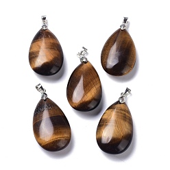 Tiger Eye Natural Tiger Eye Pendants, with Brass Finding, Teardrop, 35x20x7.5~9mm, Hole: 4x3.5mm