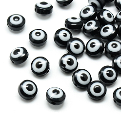Negro Abalorios de resina, plano y redondo, mal de ojo, negro, 7.5~8x5~6 mm, agujero: 1.8~2 mm