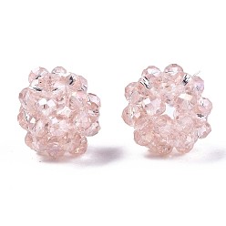 Pink Cuentas redondas tejidas de vidrio electrochapado transparente, perlas de racimo, color de ab chapado, facetados, rosa, 12~13 mm, agujero: 1.5 mm, perlas: 3.5x2.5 mm