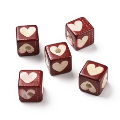 White Opaque Printed Acrylic Beads, Cube with Heart Pattern, White, 13.5x13.5x13.5mm, Hole: 3.8mm
