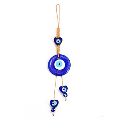 Royal Blue Flat Round with Evil Eye Glass Pendant Decorations, Tassel Hemp Rope Hanging Ornament, Royal Blue, 210mm