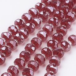 Rouge Perles en verre electroplate, perle plaquée lustre, facette, plat rond, rouge, 7.5~8mm, Trou: 1mm, Environ 50 pcs/chapelet, 13.7 pouce (35 cm)