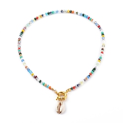 Colorful Natural Cowrie Shell Pendant Necklaces, with Rondelle Glass Beads and Brass Spring Ring Clasps, Golden, Colorful, 18.11 inch(46cm)
