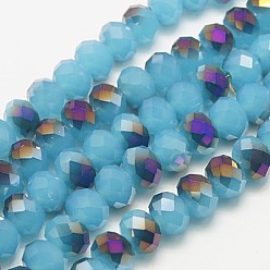 Bleu Ciel Perles de verre à facettes rondelle facettes, jade d'imitation, demi-plaqué, bleu ciel, 3x2mm, Trou: 1mm, Environ 165~169 pcs/chapelet, 15~16 pouce (38~40 cm)