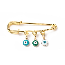 Random Color Rack Plating Brass Enamel Evil Eye Charms Safety Pin Brooch, Golden Iron Lapel Pin for Sweater Shawl Clips Waist Pants Extender, Random Color, 25~29x49~50mm
