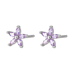 Lilac Cubic Zirconia Flower Stud Earrings, Silver 925 Sterling Silver Post Earrings, Lilac, 7.2mm