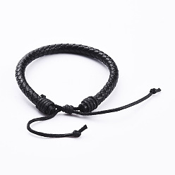 Negro Pulseras trenzadas con cordón de cuero ajustable, con cable de hilo de nylon, bolsas de arpillera bolsas de cordón, negro, 2-1/8 pulgada ~ 2-7/8 pulgada (5.4~7.4 cm), 6 mm