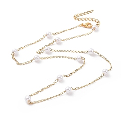 Golden Vacuum Plating 304 Stainless Steel Beaded Necklaces, with Plastic Imitation Pearl Beads and Curb Chains, Golden, 17.48 inch(44.4cm)
