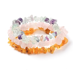 Pierre Mélangete Chips ambre naturel et fluorite et quartz rose ensembles de bracelets extensibles avec perles, bracelets empilables, diamètre intérieur: 2-1/8 pouce (5.5 cm), 3 pièces / kit