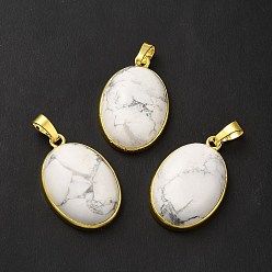 Howlite Natural Howlite Pendants, Oval Charms, with Rack Plating Golden Plated Brass Findings, Lead Free & Cadmium Free, 31x20x7.5~8mm, Hole: 7x5mm