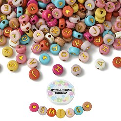 Mixed Color DIY Bracelet Making Kits, Including Heart & Letter Flat Round Acrylic Beads, Elastic Thread, Mixed Color, 550Pcs/bag