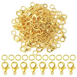 Golden 50Pcs Zinc Alloy Lobster Claw Clasps, Parrot Trigger Clasps, Jewelry Making Findings, with 150Pcs Iron Open Jump Rings, Golden, 12x6mm, Hole: 1.2mm