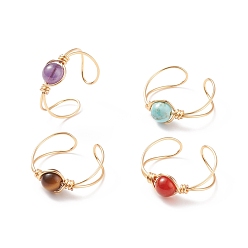 Mixed Stone 4Pcs 4 Style Natural & Synthetic Mixed Stone Beaded Open Cuff Rings Set, Copper Wire Wrap Jewelry for Women, Golden, US Size 9(18.9mm)