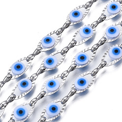 Blanc 304 chaînes porte-câbles ovales texturées en acier inoxydable, avec des perles de mauvais œil en émail, avec bobine, non soudée, couleur inox, blanc, 11x5.5x3mm, 7.5x3x1mm, environ 32.81 pieds (10 m)/rouleau