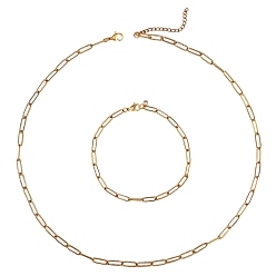 Golden Stainless Steel Paperclip Chains Necklaces & Bracelets Sets, with Brass Cubic Zirconia Charms, Golden, 16.5 inch(42cm), 7-1/8 inch(18cm)