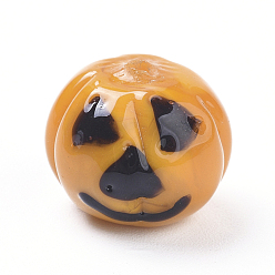 Naranja Oscura Cuentas de murano hechas a mano de halloween, calabaza de dibujos animados jack-o'-lantern, naranja oscuro, 12x14.5x14.5 mm, agujero: 1.5 mm