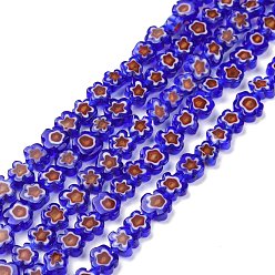 Bleu Moyen  Main millefiori perles de verre brins, fleur, bleu moyen, 7.5~9x3mm, Trou: 1mm, Environ 55~57 pcs/chapelet, 15.55 pouces~15.94 pouces (39.5cm~40.5cm)