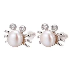 Seashell Color Crab Platinum Tone Rhodium Plated 925 Sterling Silver Cubic Zirconia Ball Ear Studs, with Freshwater Pearl Beads, Seashell Color, 9.5x12mm, Pin: 0.8mm