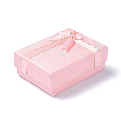 Pink Boîte de rangement de bijoux en papier, avec éponge noire et nœud papillon, Pour la bague, boucles d'oreilles et collier, rectangle, rose, 9.1x6.9x3.6 cm