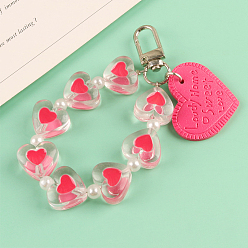 Rose Chaud Porte-clés pendentifs en similicuir, avec des perles en résine et les accessoires en alliage, coeur avec le mot, rose chaud, cœur: 3x3.8 cm