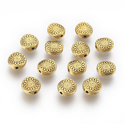 Antique Golden Tibetan Style Alloy Beads, Cadmium Free & Nickel Free & Lead Free, Flat Round with Flower, Antique Golden, 8.5x8.5x3.5mm, Hole: 1.5mm