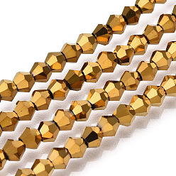 Golden Plated Electroplate Glass Bead Strands, Rainbow Plated, Faceted Bicone, Golden Plated, 3x3.5mm, Hole: 1mm, about 125~130pcs/strand, 18 inch