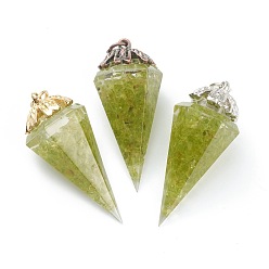 Olive Quartz Resin Pointed Pendants, with Natural Olive Quartz Inside and Brass Findings, Faceted, Cone/Spike/Pendulum, 43.5x17x19.5mm, Jump Ring: 6x1mm, 4mm Inner Diameter