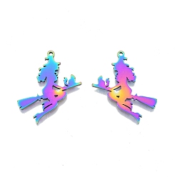 Rainbow Color Ion Plating(IP) 201 Stainless Steel Pendants, Witch, Rainbow Color, 32.5x27x1.5mm, Hole: 1.5mm