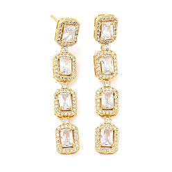 Real 18K Gold Plated Rack Plating Brass Cubic Zirconia Rectangle Dangle Stud Earrings, Long-Lasting Plated, Lead Free & Cadmium Free, Real 18K Gold Plated, 49x8mm