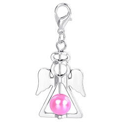 Hot Pink Alloy Angel Pendant Decorations, with CCB Imitation Pearl, Hot Pink, 4.4x1.9cm