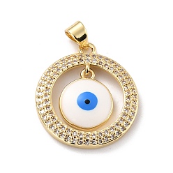White Eco-friendly Brass Micro Pave Cubic Zirconia Pendants, with Enamel, Long-Lasting Plated, Real 18K Gold Plated, Cadmium Free & Lead Free, Evil Eye, White, 23.5x21x3mm, Hole: 4.5mm