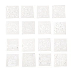 Blanc Modèles de pochoirs de peinture de dessin en plastique pour animaux de compagnie, thème d'anniversaire, formes mixtes, pour scrapbooking diy, blanc, 15x15x0.01 cm, 16 pièces / kit