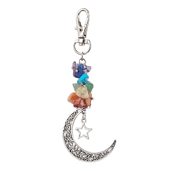 Star Natural & Synthetic Mixed Gemstone Chip Pendant Decorations, with Alloy Pendants and Swivel Clasps, Moon, Star, 113mm