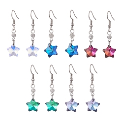 Mixed Color Star Glass Dangle Earrings, 304 Stainless Steel Jewelry for Women, Mixed Color, 45mm, Pin: 0.7mm