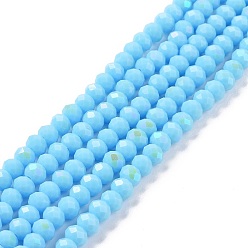 Sky Blue Electroplate Opaque Solid Color Glass Beads Strands, Half Rainbow Plated, Faceted, Rondelle, Sky Blue, 10x8mm, Hole: 1mm, about 63~65pcs/strand, 19.2~20 inch(48~50cm)