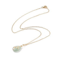 Green Aventurine Natural Green Aventurine Teardrop Pendant Necklace, Gold Plated 304 Stainless Steel Wire Wrap Jewelry for Women, 17.72 inch(45cm)