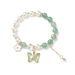 Aventurine Verte Bracelet extensible en perles rondes d'aventurine verte naturelle et de coquillages, bracelet à breloques papillon en verre et fleur en laiton pour femme, diamètre intérieur: 2 pouce (5.1 cm)