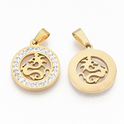 Golden 201 Stainless Steel Filigree Pendants, Flat Round with Dragon, with Random Size Snap On Bails and Polymer Clay Crystal Rhinestones, Golden, 23x20x2.5mm, Hole: 8~10x3~5mm