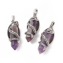 Amethyst Natural Amethyst Pointed Pendants, Faceted Bullet Charms with Antique Silver Tone Alloy Dragon Wrapped, 47.5x19x18.5mm, Hole: 7.5x6mm