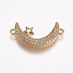 Golden Brass Micro Pave Cubic Zirconia Links, Clear, Moon with Star, Golden, 23x11.5x3mm, Hole: 1mm