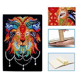 Lion Kits de cahier de peinture au diamant diy, y compris le livre en cuir pu, strass de résine, stylo collant diamant, plaque de plateau et pâte à modeler, motif de lion, 210x150mm, 50 pages / livre