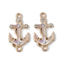 Lilac Alloy Enamel Connector Charms, Anchor Links with Crystal Rhinestone, Light Gold, Cadmium Free & Nickel Free & Lead Free, Lilac, 23x12x2mm, Hole: 1.6mm