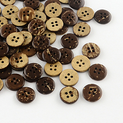 Кокосово-Коричневый 4-отверстие кнопки кокосовые, плоские круглые кнопки швейные, кокосового коричневый, 12.5x2 мм, отверстие : 1.5 мм