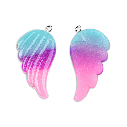 Medium Orchid Tricolor Opaque Resin Pendants, Wing Charms, with Platinum Plated Iron Loops and Glitter Powder, Medium Orchid, 41x30x4mm, Hole: 2mm