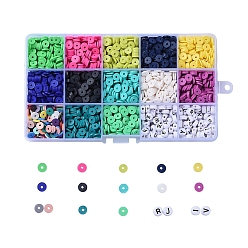Mixed Color 2470~2600 Pcs 13 Colors Heishi Beads Kits, Handmade Polymer Clay Flat Round/Disc Beads, with 140 Pcs Random Acrylic Letter Beads, Mixed Color, 6x1mm, Hole: 2mm
