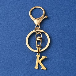 Letter K 304 Stainless Steel Initial Letter Charm Keychains, with Alloy Clasp, Golden, Letter K, 8.5cm