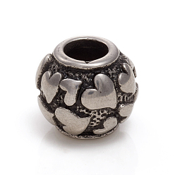 Argent Antique 304 acier inoxydable perles européennes, Perles avec un grand trou   , rondelle avec le coeur, argent antique, 11x10mm, Trou: 5mm