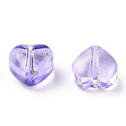 Purple Transparent Spray Painted Glass Beads, with Glitter Powder, Heart, Purple, 6x6x4mm, Hole: 0.7mm